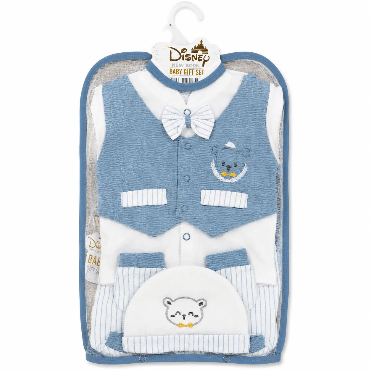 Lil Cubs 11 piece newborn teddy gift set in light blue packaging front view showing soft cotton baby clothing Pakistan newborn set with teddy print design