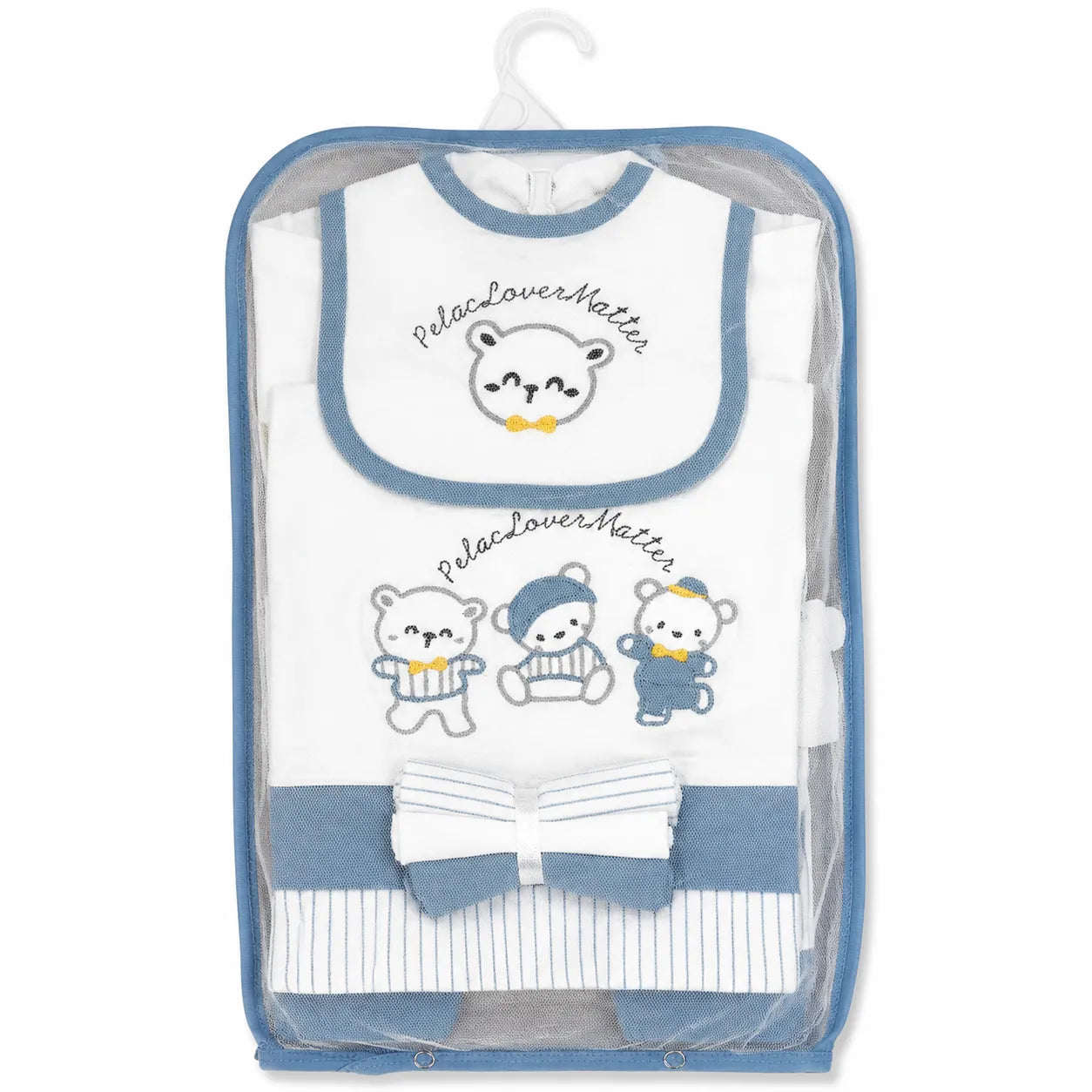 Lil Cubs 11 piece newborn teddy gift set in light blue packaging front view showing soft cotton baby clothing Pakistan newborn set with teddy print design