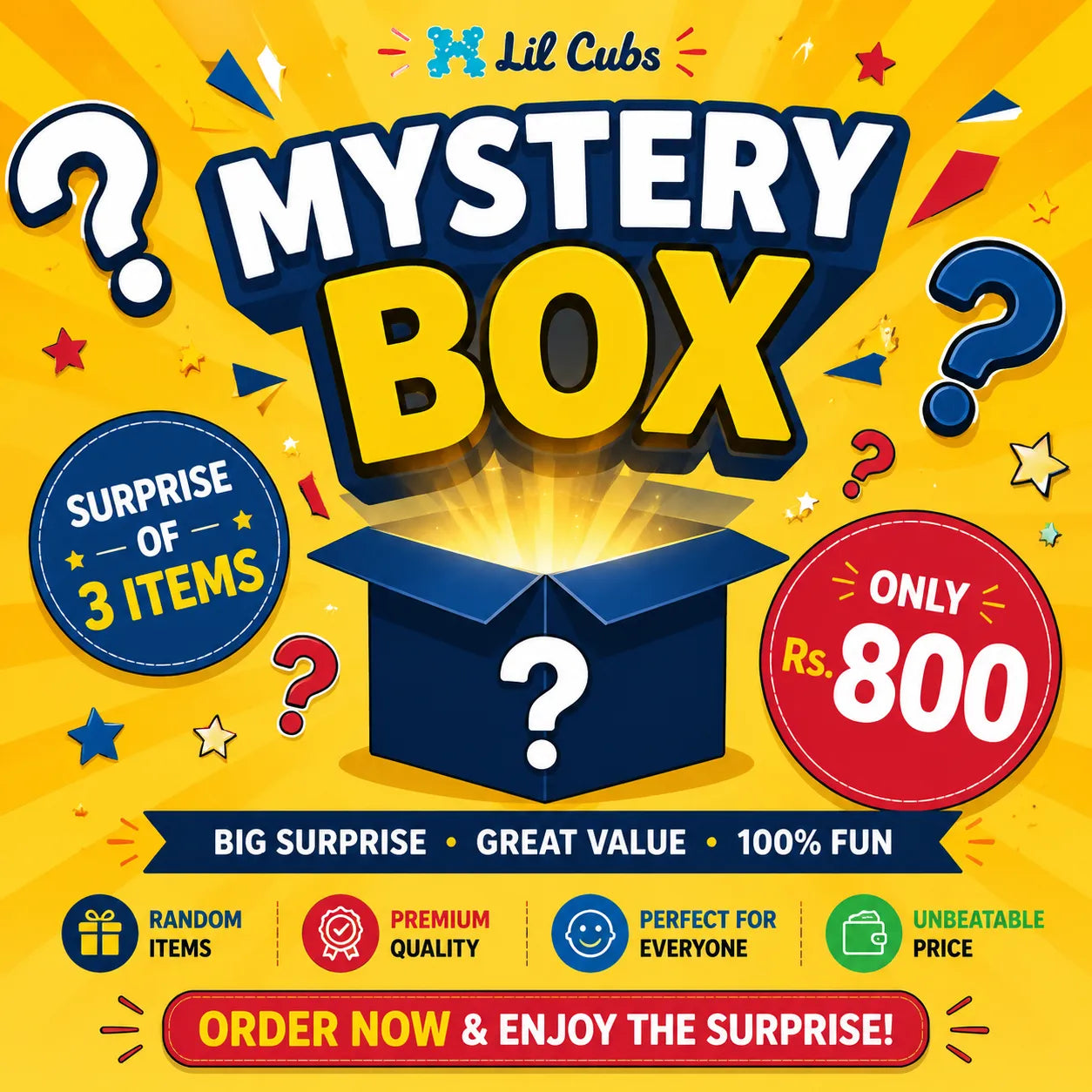 Lil Cubs mystery box for kids containing 3 surprise clothing items including shirts, shorts or trousers at Rs. 800 clearance sale offer for boys and girls aged 1–12 years in Pakistan.