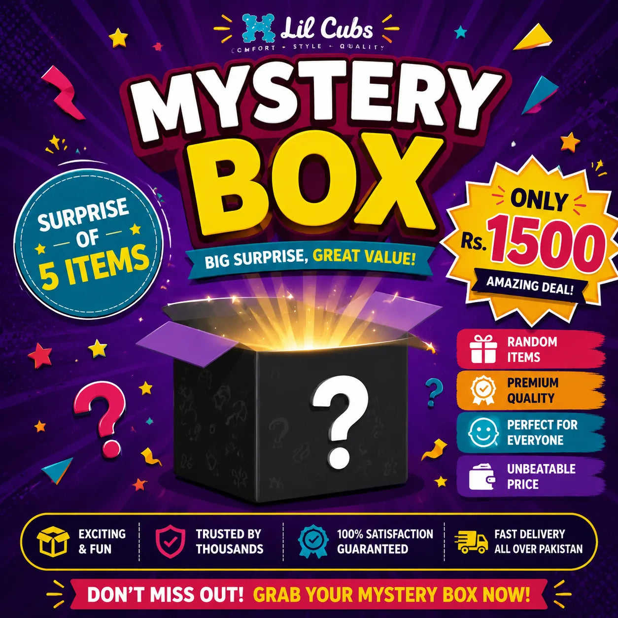 Lil Cubs mystery box premium bundle with 5 surprise kids clothing items including shirts, shorts and trousers at Rs. 1500 clearance offer for boys and girls aged 1–12 years in Pakistan.