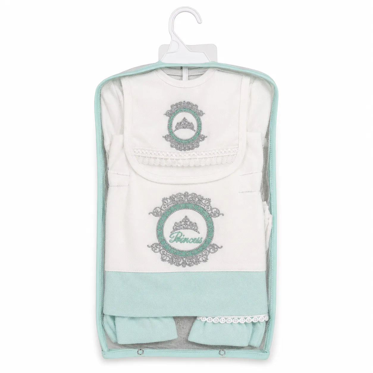 Lil Cubs 7 piece newborn princess starter set in sea green and white color with cotton fabric arranged as complete laydown baby clothing Pakistan