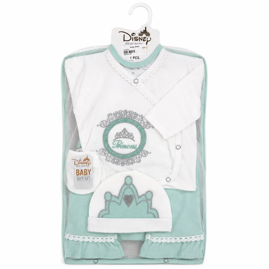 Lil Cubs 7 piece newborn princess starter set in sea green and white color with cotton fabric arranged as complete laydown baby clothing Pakistan