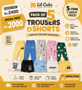 Lil Cubs Pack of 5 Summer Shorts & Trousers Clearance Sale poster featuring kids cotton Shorts & Trousers in random mix designs with Rs. 2000 offer price, soft breathable fabric, and sizes 1 to 12 years for boys and girls in Pakistan.