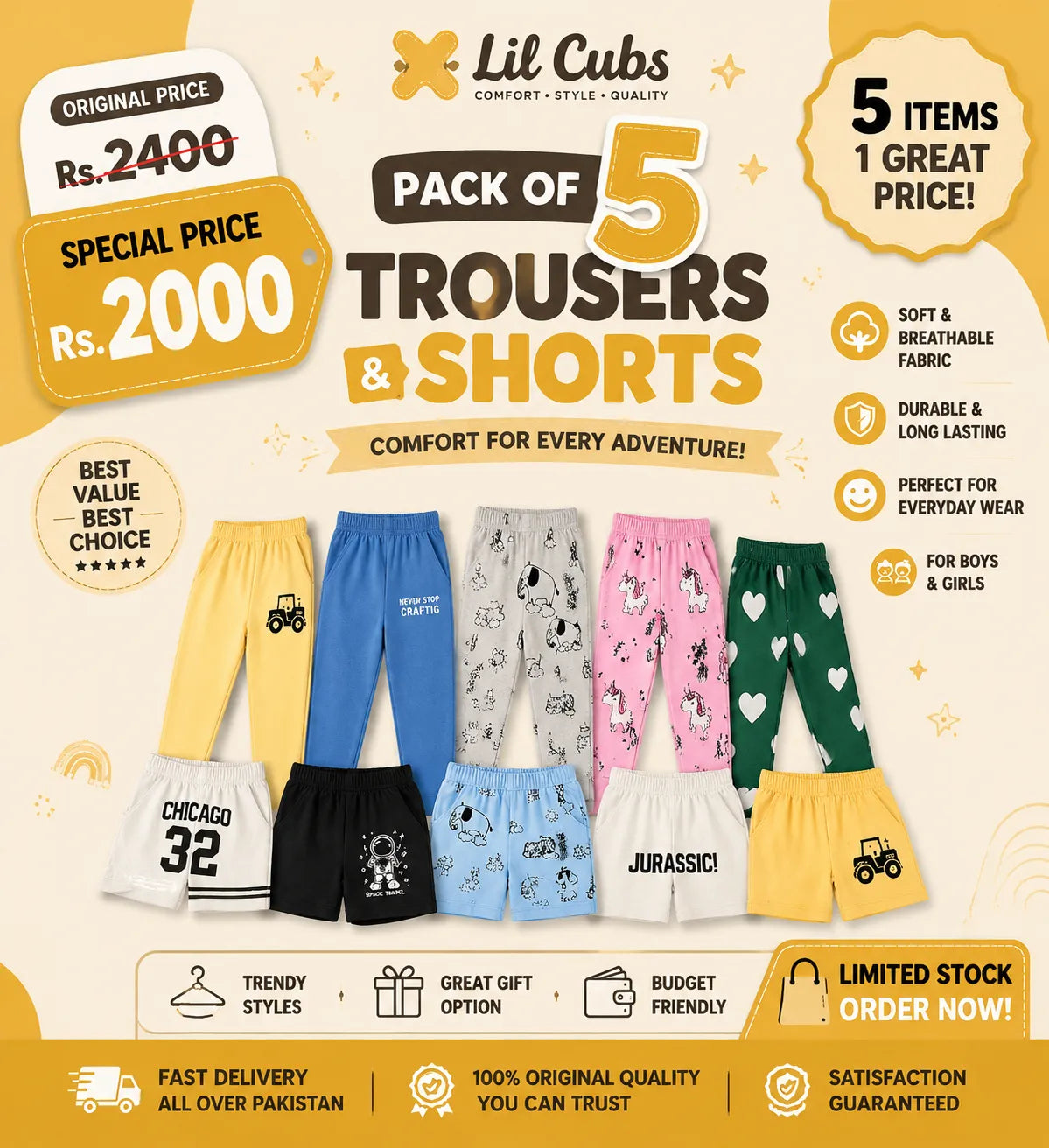 Lil Cubs Pack of 5 Summer Shorts & Trousers Clearance Sale poster featuring kids cotton Shorts & Trousers in random mix designs with Rs. 2000 offer price, soft breathable fabric, and sizes 1 to 12 years for boys and girls in Pakistan.