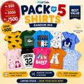 Lil Cubs Pack of 5 Summer Shirts Clearance Sale poster featuring kids cotton T-shirts in random mix designs with Rs. 2500 offer price, soft breathable fabric, and sizes 1 to 12 years for boys and girls in Pakistan.