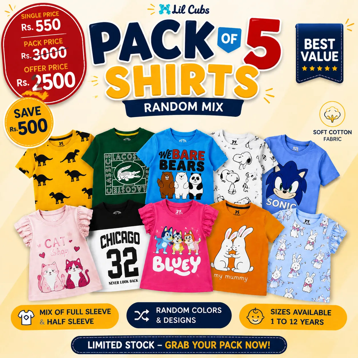 Lil Cubs Pack of 5 Summer Shirts Clearance Sale poster featuring kids cotton T-shirts in random mix designs with Rs. 2500 offer price, soft breathable fabric, and sizes 1 to 12 years for boys and girls in Pakistan.