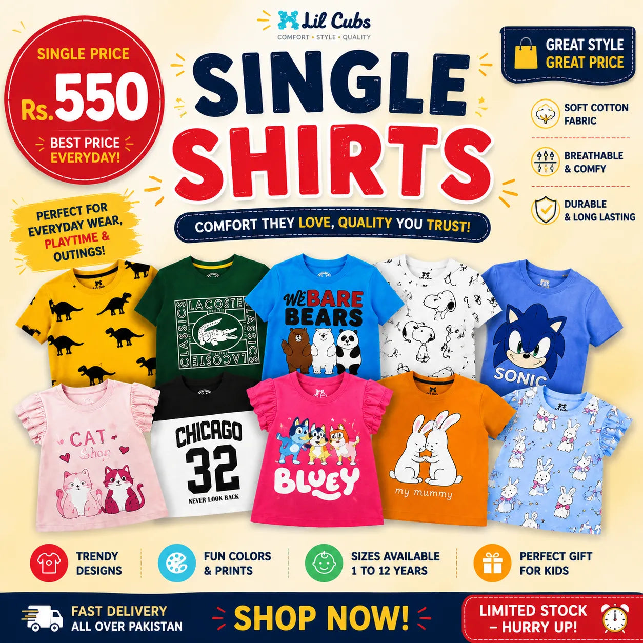 Lil Cubs single summer kids shirt clearance sale for boys and girls aged 1–12 years made from soft cotton fabric at Rs. 550 with random trendy cartoon and graphic designs in Pakistan.