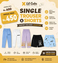 Lil Cubs single summer kids shorts & trousers clearance sale for boys and girls aged 1–12 years made from soft cotton fabric at Rs. 400 with random trendy cartoon and graphic designs in Pakistan.