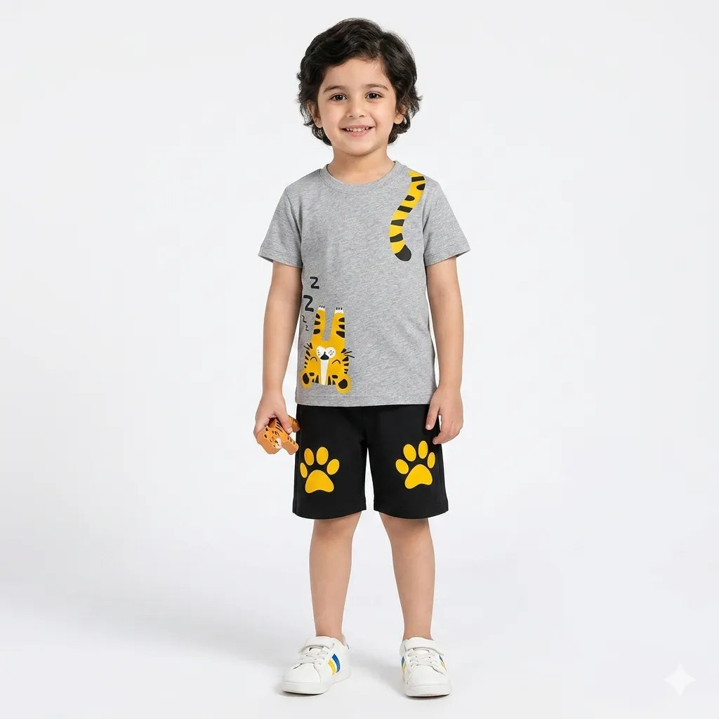 LilCubs grey and black little tiger 2 piece summer coord set for kids with jersey cotton t-shirt and shorts