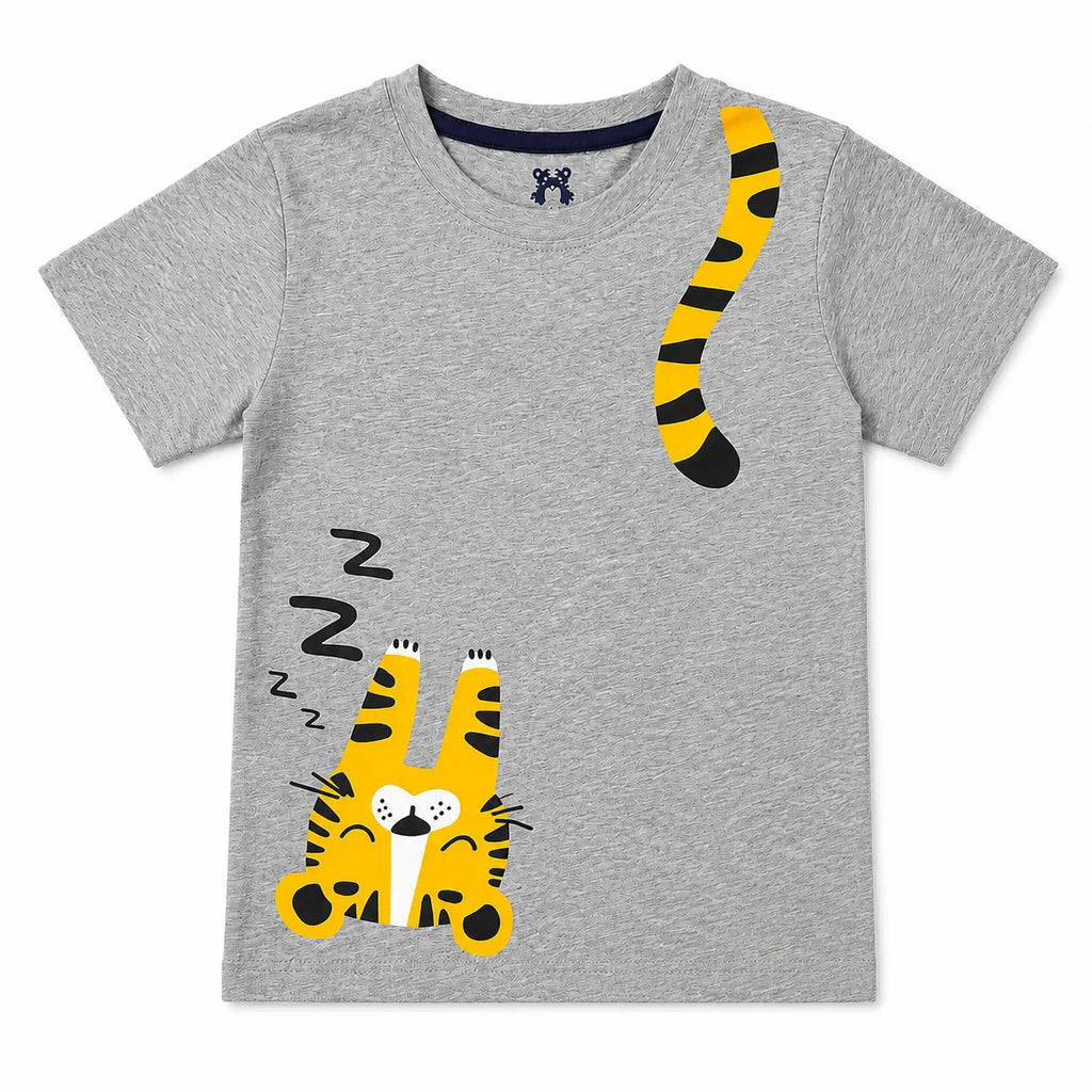 LilCubs grey and black little tiger 2 piece summer coord set for kids with jersey cotton t-shirt and shorts