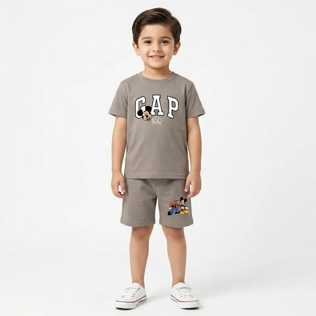 LilCubs grey skin cartoon letter 2 piece summer coord set for kids with jersey cotton t-shirt and side pocket shorts