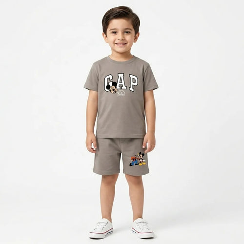 LilCubs grey skin cartoon letter 2 piece summer coord set for kids with jersey cotton t-shirt and side pocket shorts