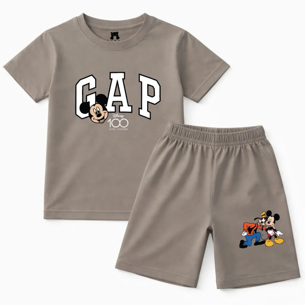 LilCubs grey skin cartoon letter 2 piece summer coord set for kids with jersey cotton t-shirt and side pocket shorts