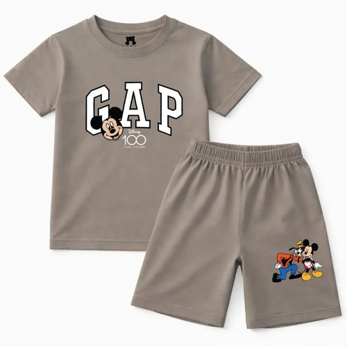 LilCubs grey skin cartoon letter 2 piece summer coord set for kids with jersey cotton t-shirt and side pocket shorts