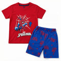 LilCubs red and blue spider superhero 2 piece summer coord set for kids with jersey cotton t-shirt and side pocket shorts