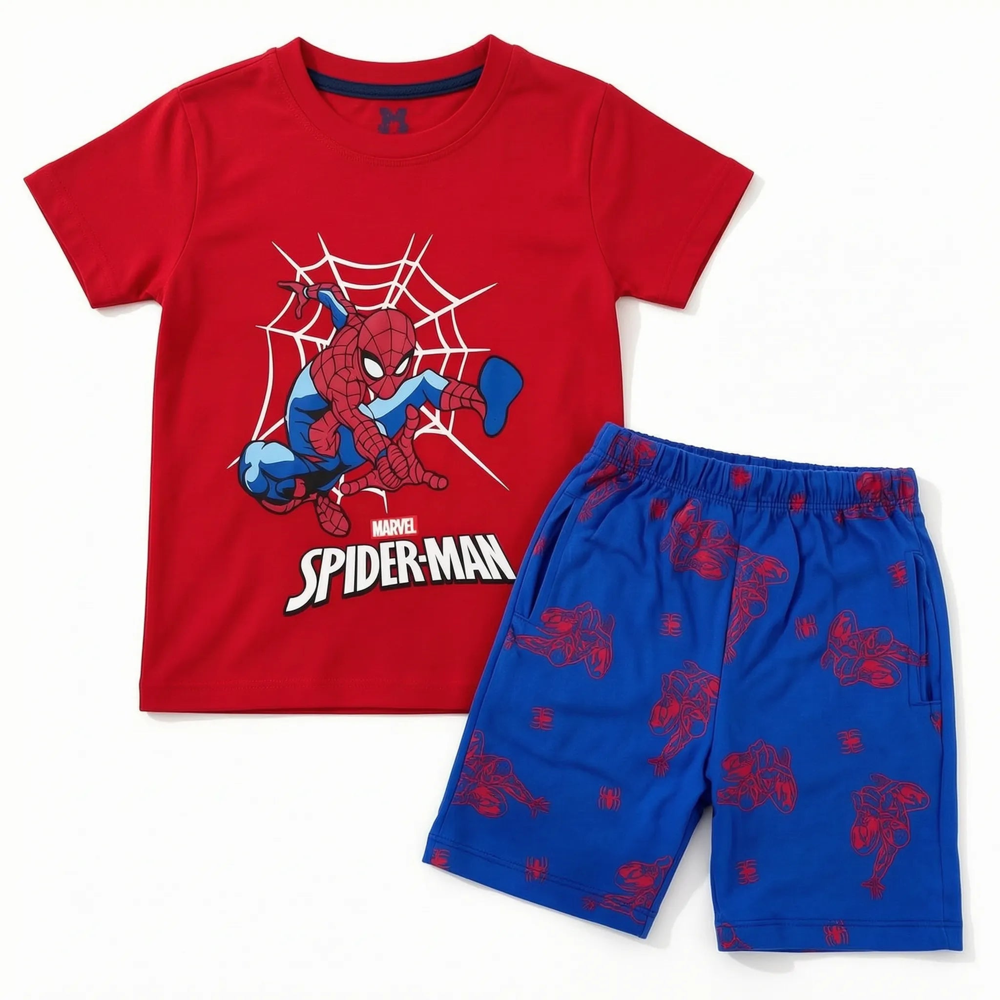LilCubs red and blue spider superhero 2 piece summer coord set for kids with jersey cotton t-shirt and side pocket shorts