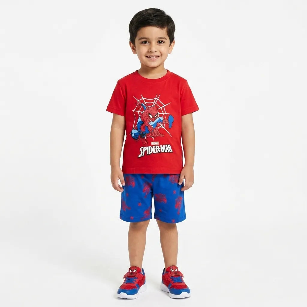 LilCubs red and blue spider superhero 2 piece summer coord set for kids with jersey cotton t-shirt and side pocket shorts
