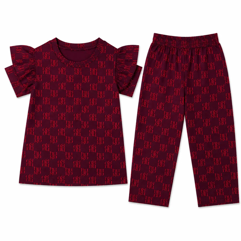LilCubs red Hugo print 2 piece summer coord set for kids with jersey cotton puffy sleeves top and side pocket trousers