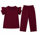 LilCubs red Hugo print 2 piece summer coord set for kids with jersey cotton puffy sleeves top and side pocket trousers