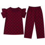 LilCubs red Hugo print 2 piece summer coord set for kids with jersey cotton puffy sleeves top and side pocket trousers