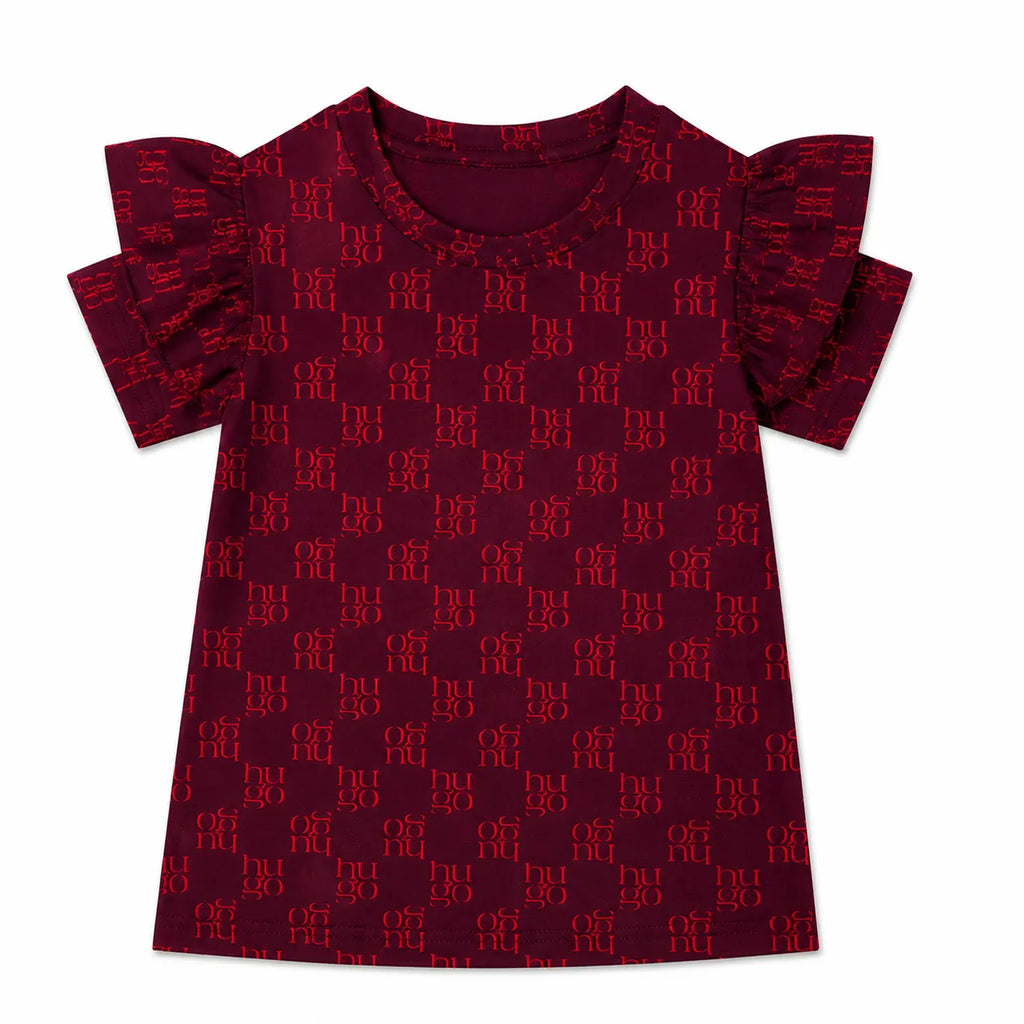 LilCubs red Hugo print 2 piece summer coord set for kids with jersey cotton puffy sleeves top and side pocket trousers