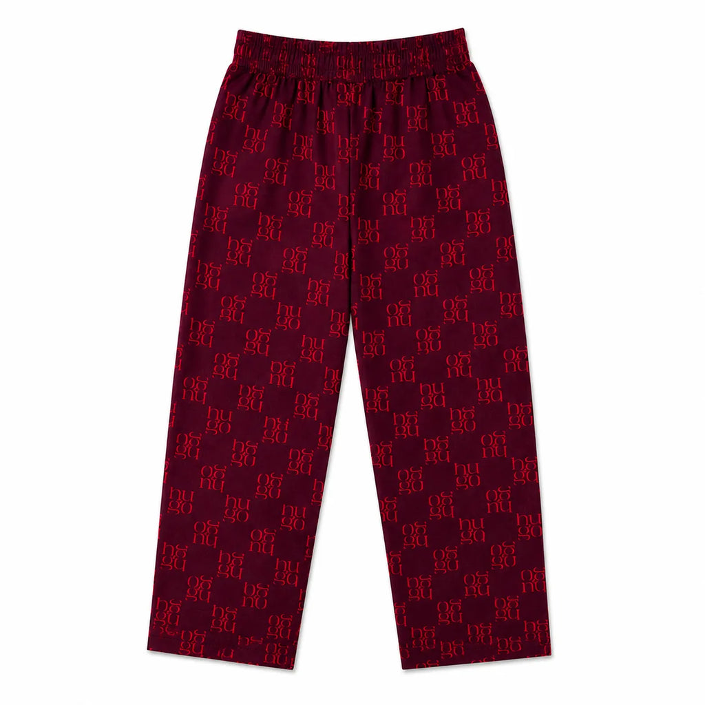 LilCubs red Hugo print 2 piece summer coord set for kids with jersey cotton puffy sleeves top and side pocket trousers