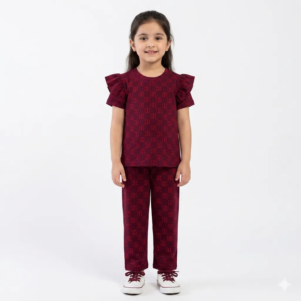 LilCubs red Hugo print 2 piece summer coord set for kids with jersey cotton puffy sleeves top and side pocket trousers