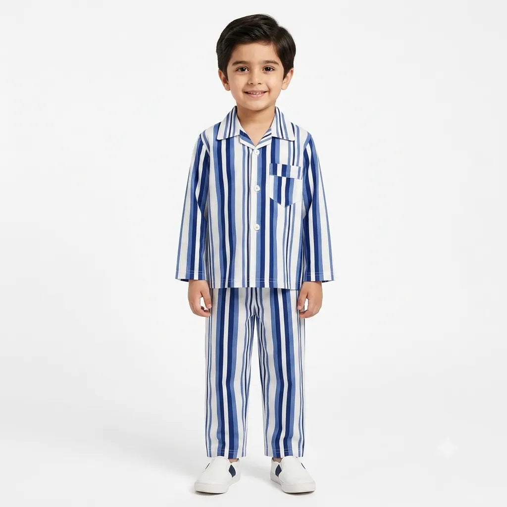 Blue and white striped cotton summer night suit for kids by Lil Cubs