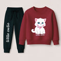 Kids Lil' Cubs maroon fleece kitty tracksuit featuring a cozy sweatshirt and joggers set with cute kitty design.