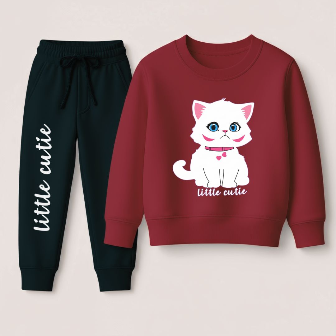 Kids Lil' Cubs maroon fleece kitty tracksuit featuring a cozy sweatshirt and joggers set with cute kitty design.
