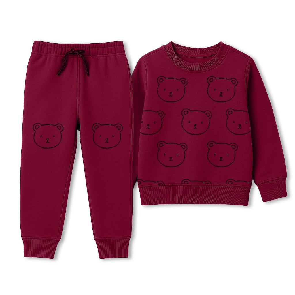 Kids Bear Print Sweatshirt and Jogger Set - Maroon (Ages 1-12 Years)
