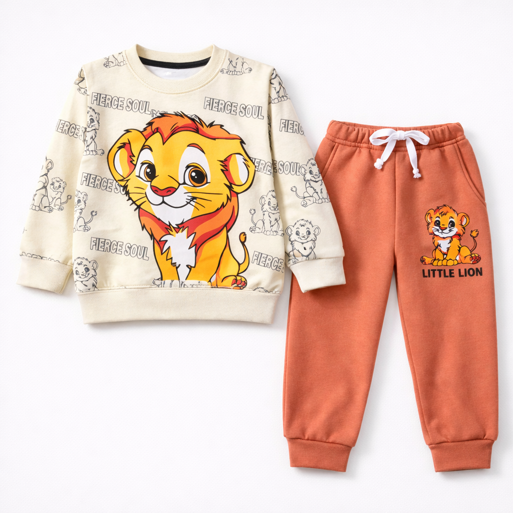 Kids Little Lion Fleece Tracksuit – Cream Sweatshirt & Rust Joggers Set (1–12 Years)