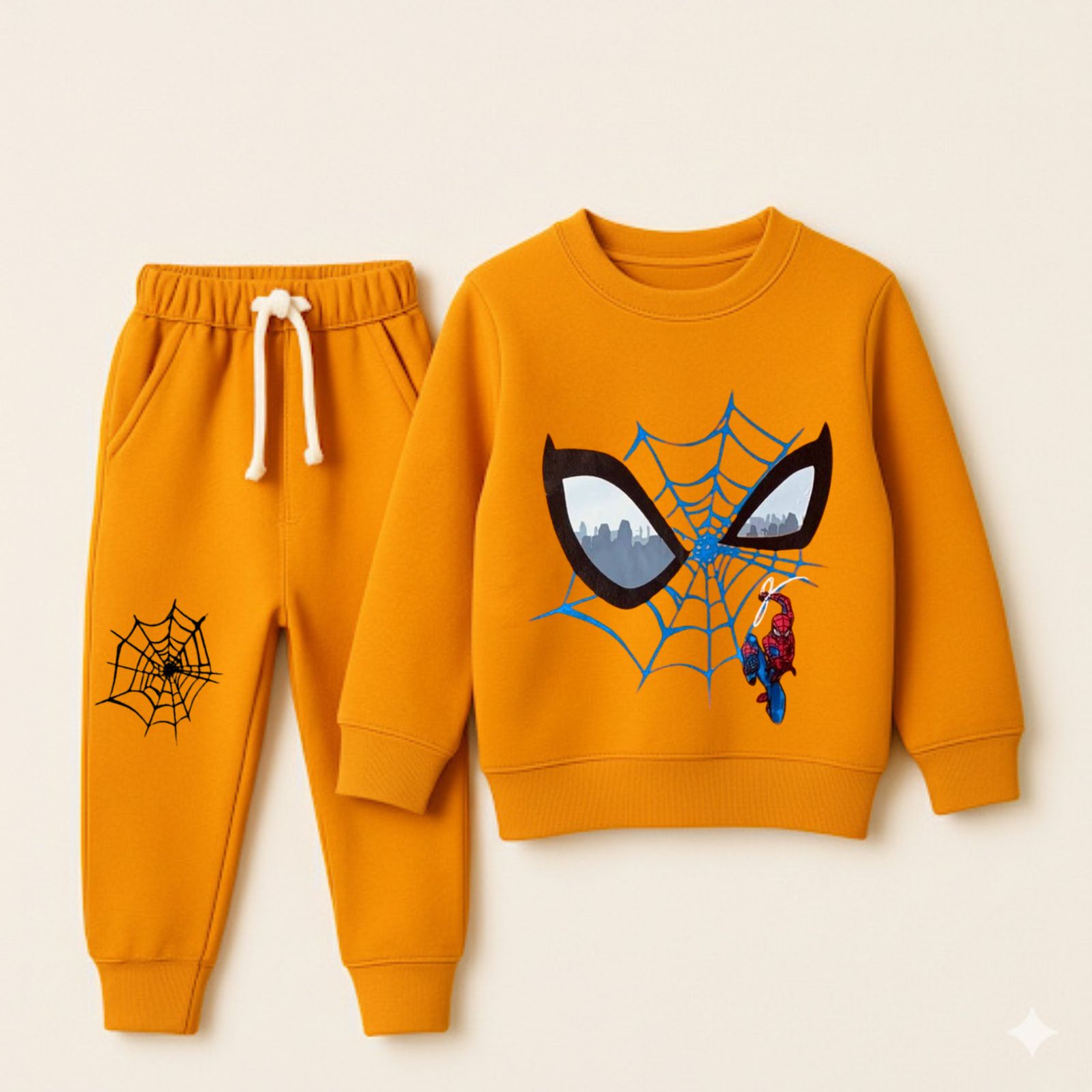 Mustard Spider Hero Kids Sweatshirt & Jogger Set – Boys Fleece Winter Wear (1–12 Years)