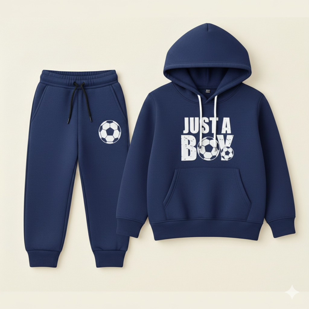 Navy blue boys' basketball hoodie and fleece tracksuit by Lil' Cubs, suitable for ages 1-12, featuring sporty winter athletic wear.