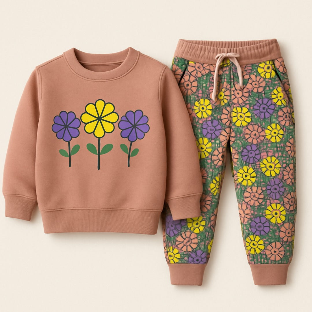 Kids Peach Floral Fleece Tracksuit – Colorful Flower Print Sweatshirt & Joggers