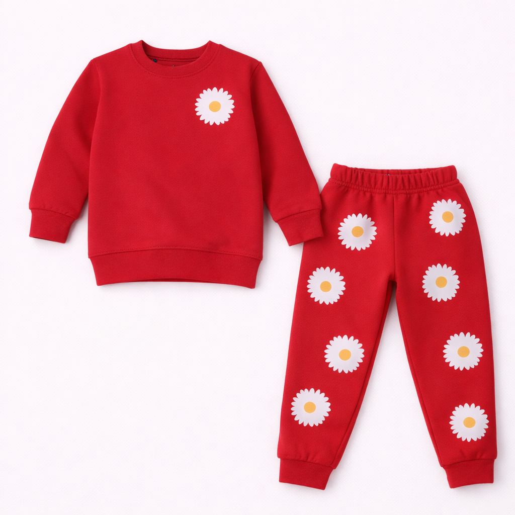 Red Daisy Bloom Kids Cozy Fleece Sweatshirt & Jogger Set for Girls (2–12 Years) - Lil' Cubs