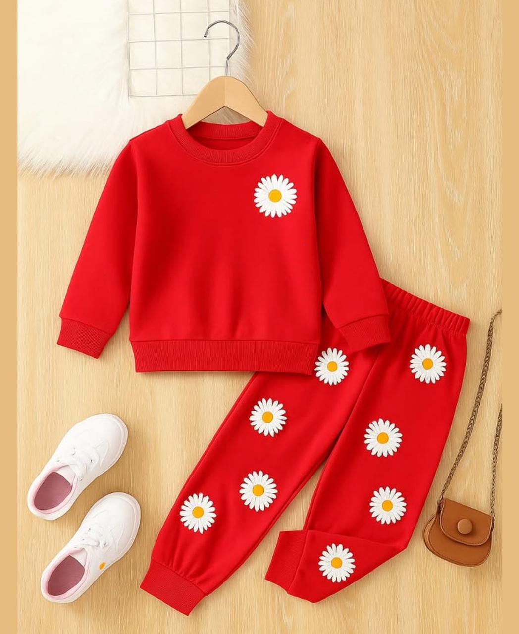 Red Daisy Bloom Kids Cozy Fleece Sweatshirt & Jogger Set for Girls (2–12 Years) - Lil' Cubs