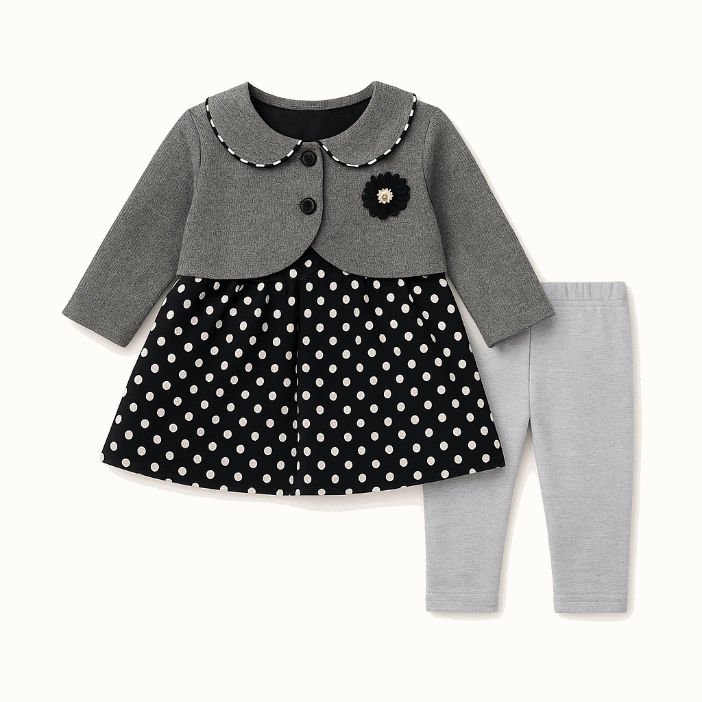 Black Polka Dots Frock 3-Piece Set for Girls