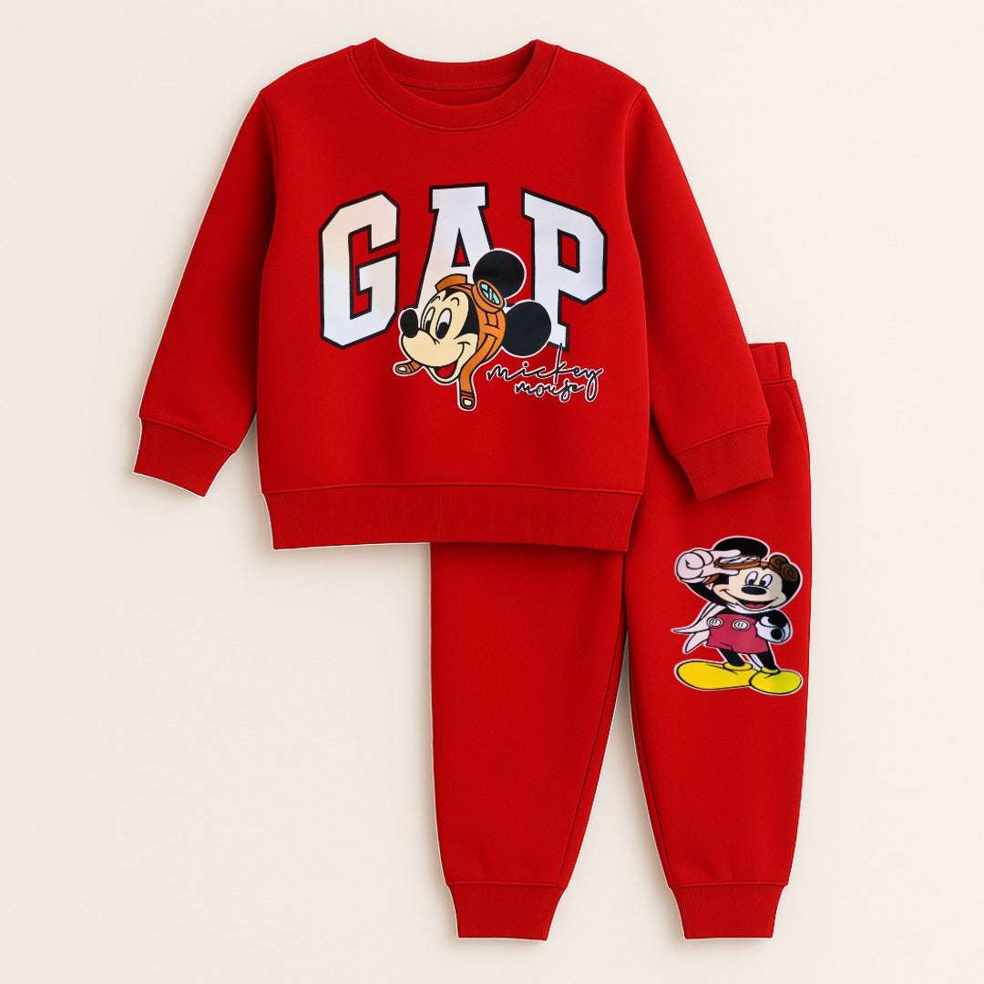 Red GAP Mickey Cartoon Tracksuit for Kids – Winter Fleece Sweatshirt & Pants Set, Size 1-12 Years