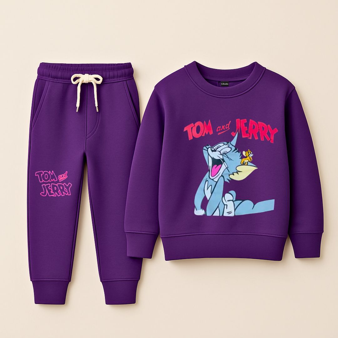 Purple Boys’ Tracksuit – Tom & Jerry Cartoon Print | 2-Piece Set