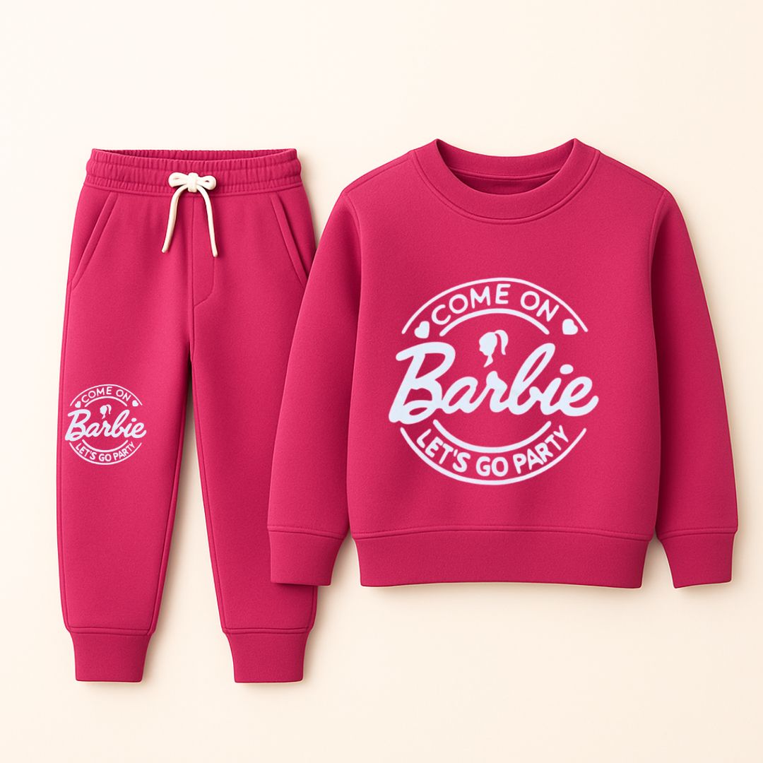 Girls Pink Barbie Fleece Tracksuit – Sweatshirt & Joggers Set