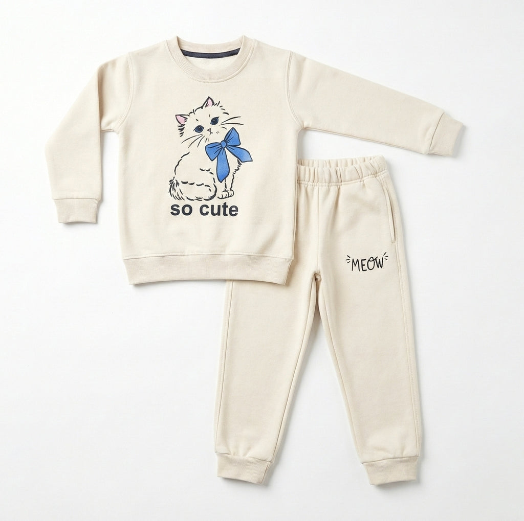 Girls Beige Kitty Fleece Tracksuit – Adorable Winter Sweatshirt & Joggers Set