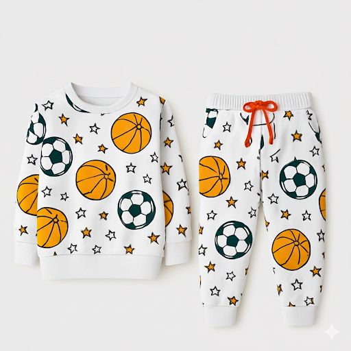 Kids White Sports Print Tracksuit – Football & Basketball Design 2-Piece Set (1-12 years)