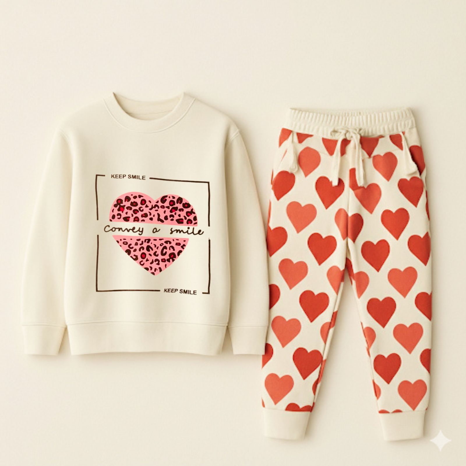 Girls White Fleece Tracksuit with Heart Print – Cozy Winter Sweatshirt & Jogger Set (1–12 Years)