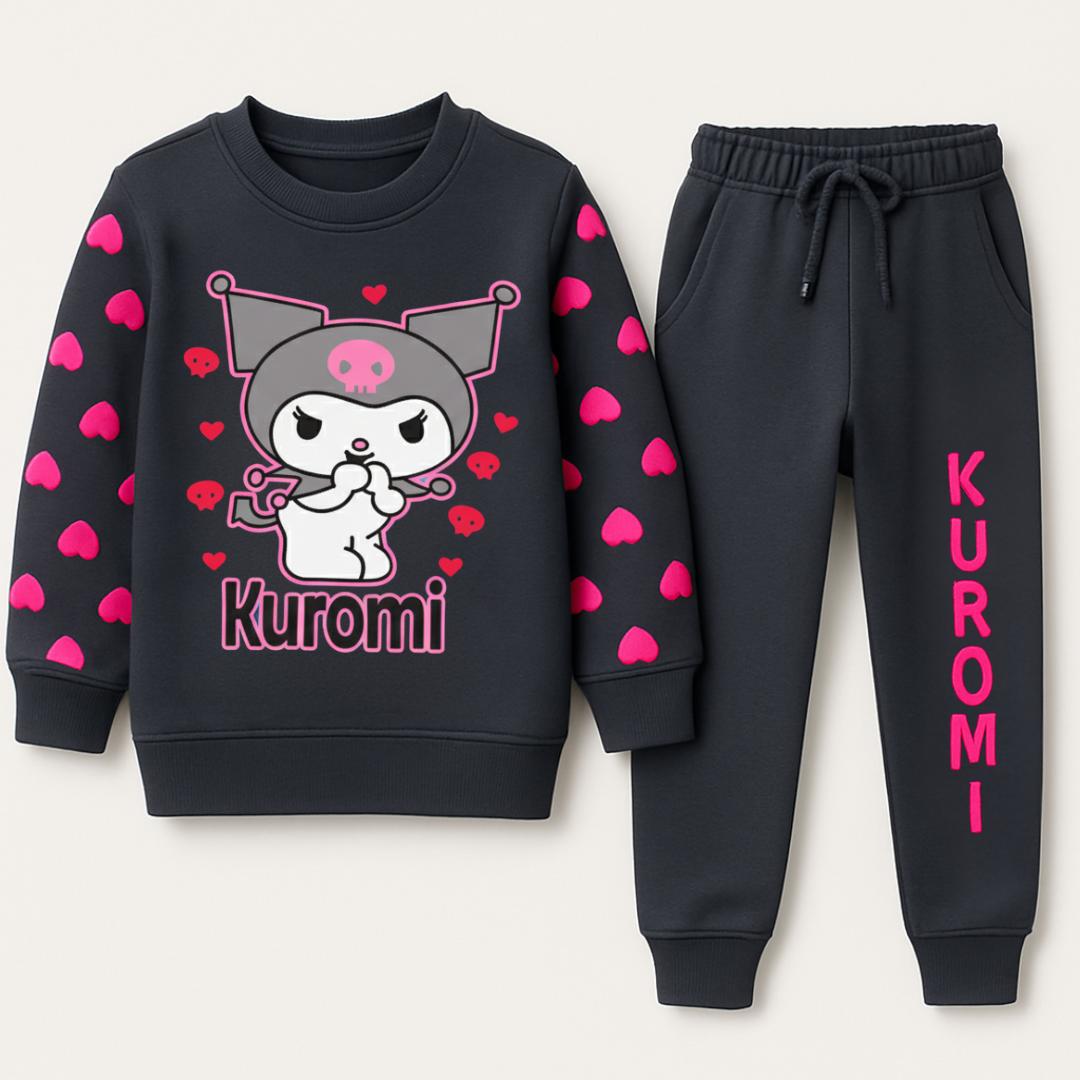 Lil' Cubs Cozy Kuromi fleece trouser set for little trendsetters, soft pink fleece with cute Kuromi character design.