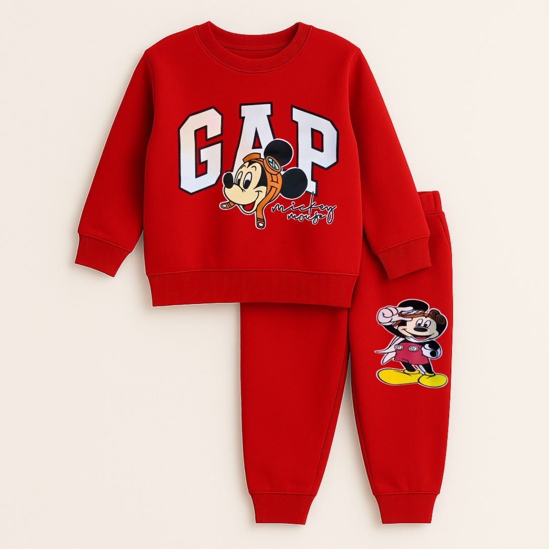 Red GAP Mickey Cartoon Tracksuit for Kids – Winter Fleece Sweatshirt & Pants Set, Size 1-12 Years