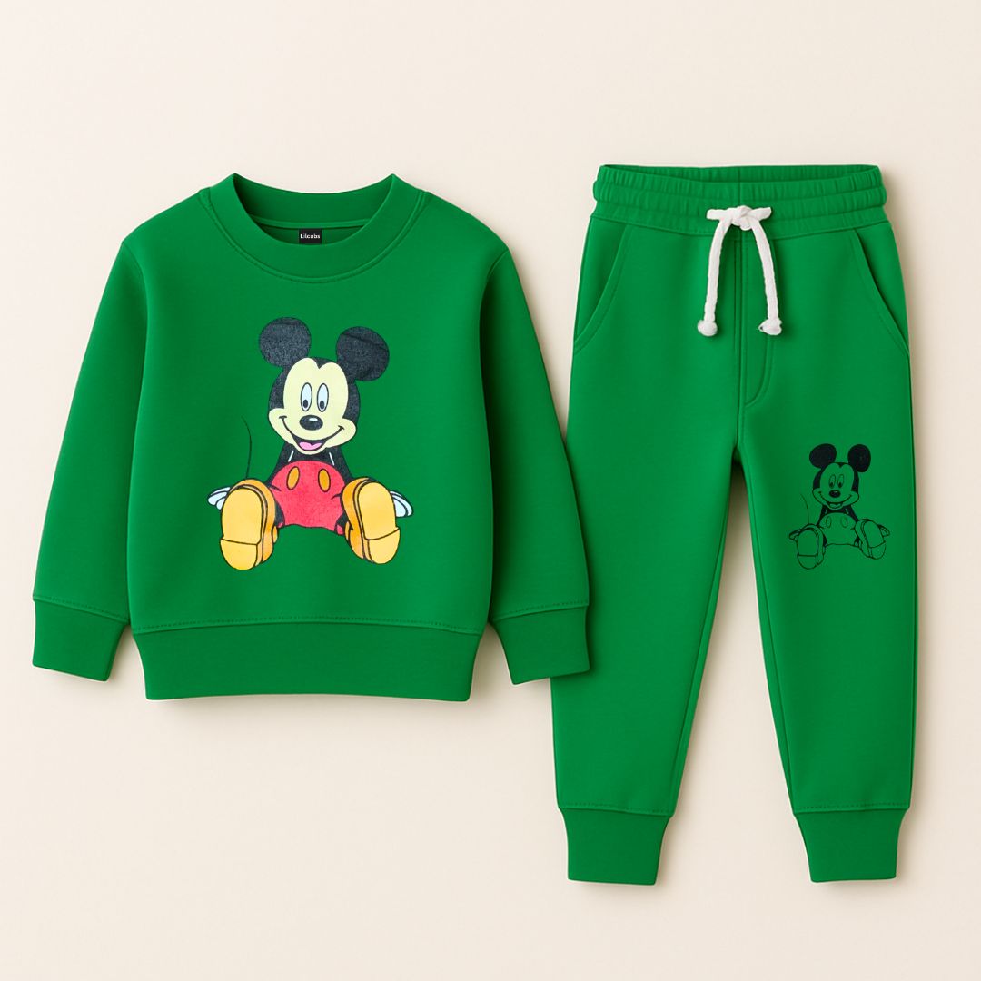 Green Winter Fleece Tracksuit with Mickey Mouse Print | 2-Piece Outfit