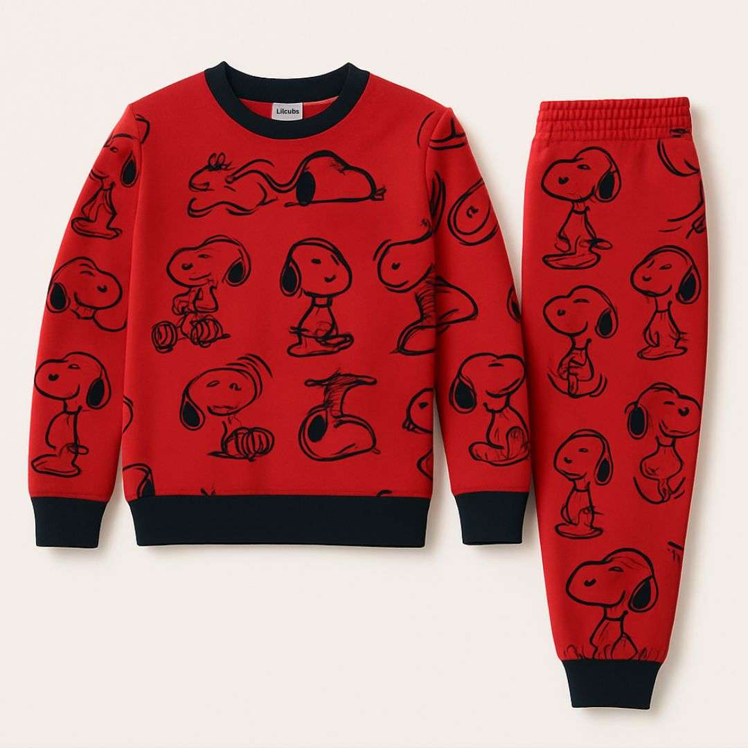 Snoopy & Woodstock Sweatshirt Set – Red Cartoon All-Over Print