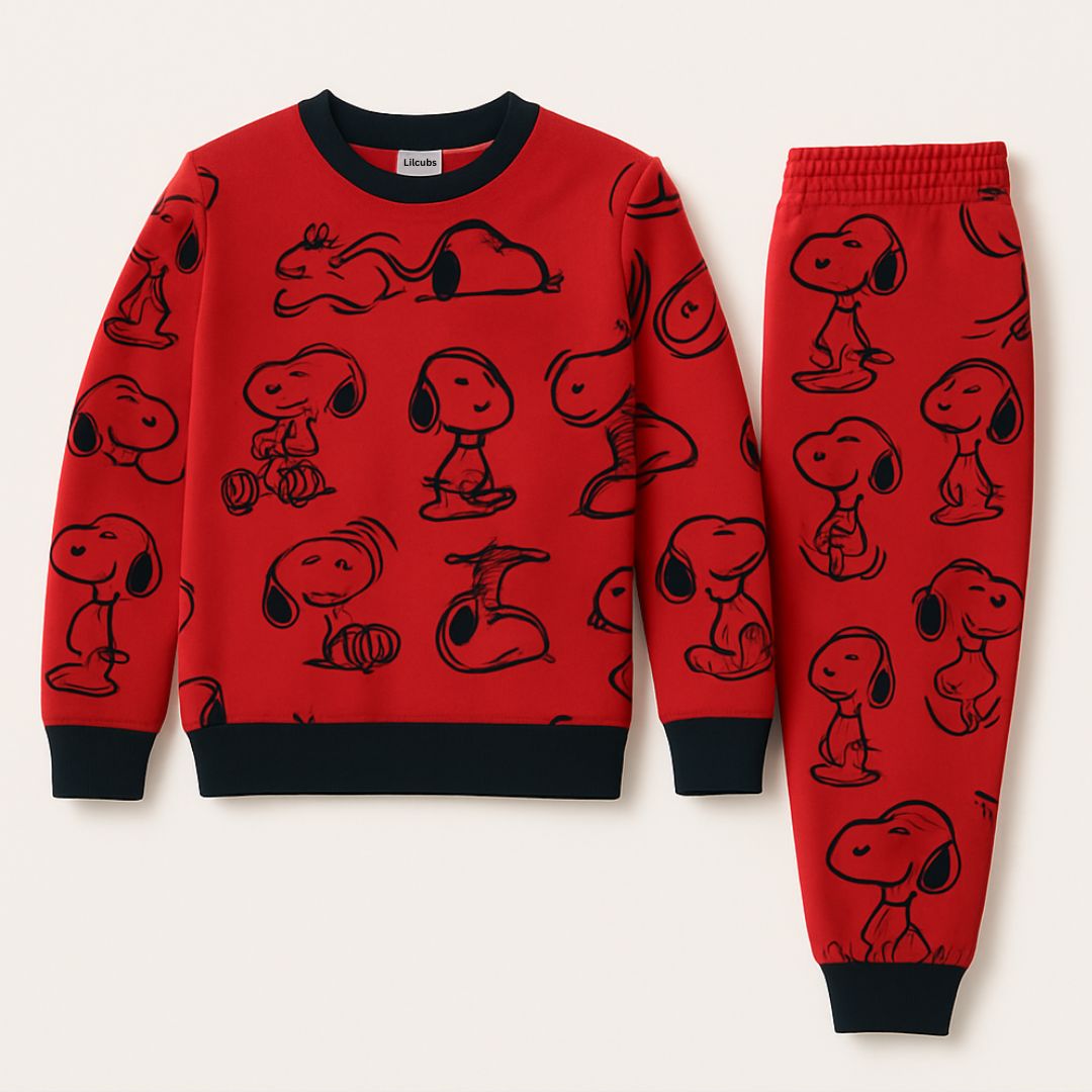 Snoopy & Woodstock Sweatshirt Set – Red Cartoon All-Over Print