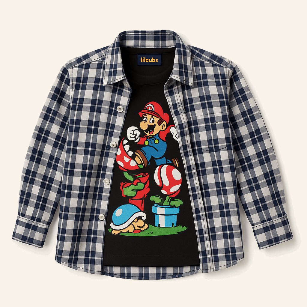 Super Mario Black Combo – Navy Check Double Shirt Set Lilcubs